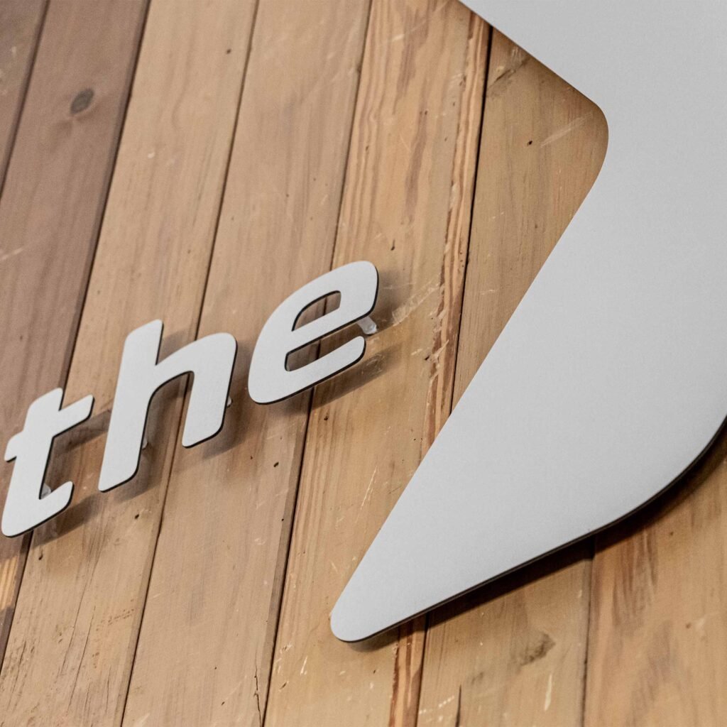 A silver indoor sign.