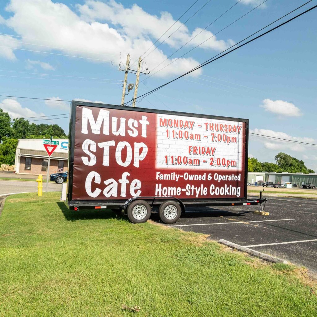 Trailer sign standing outside for a local restaurant.