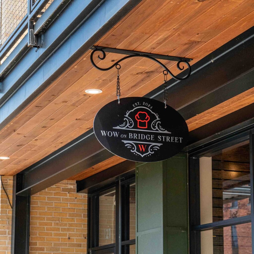 Outdoor handing sign for a local restaurant.